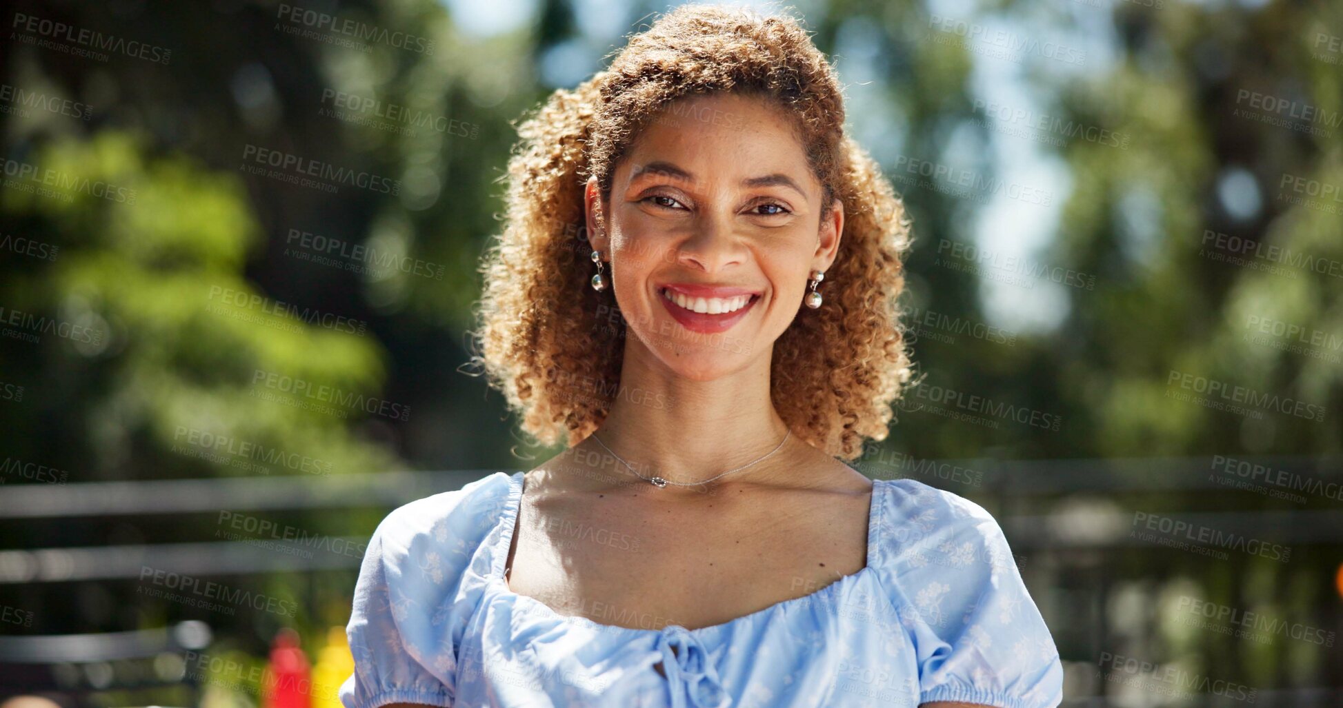 Buy stock photo Woman, portrait and happy outdoor on terrace for new years party, social gathering and relax at holiday dinner. Girl, person and smile by home for festive celebration, summer event or barbecue brunch