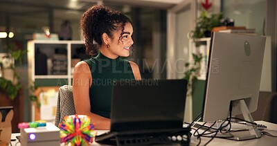 Buy stock photo Business woman, laptop and research with internet, creative agency and ideas for night brainstorming. Girl, brand consultant and multi screen computer with project, proposal and startup for office