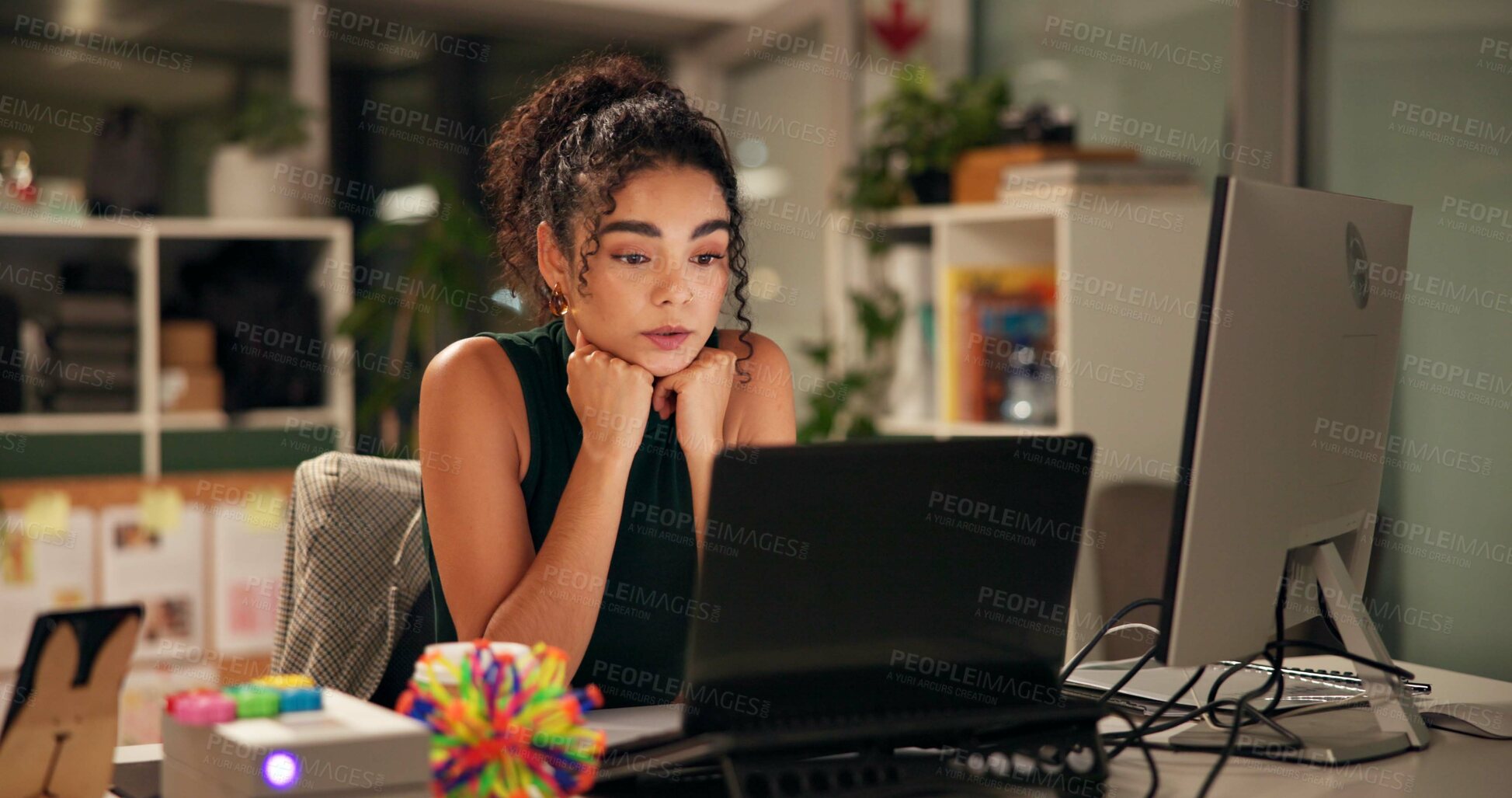 Buy stock photo Business woman, laptop and overtime with internet, creative agency and ideas for night brainstorming. Girl, brand consultant and multi screen computer with project, proposal and startup for office