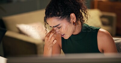 Buy stock photo Business woman, computer and headache with mistake, creative agency and burnout for night brainstorming. Girl, brand consultant and internet 404 with project issue, proposal and startup for office