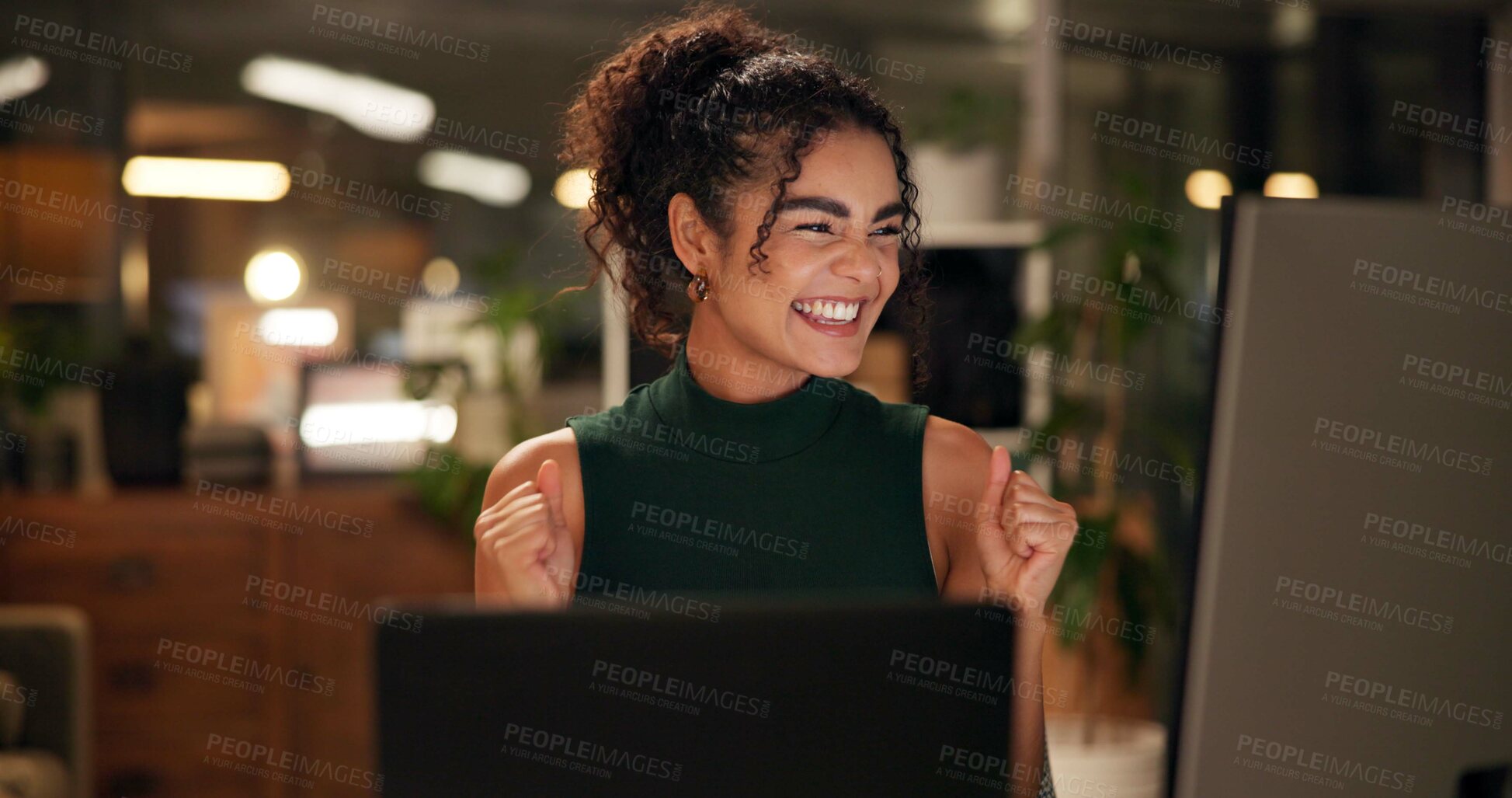 Buy stock photo Business woman, laptop and celebration with approval, creative agency and ideas for night brainstorming. Girl, brand consultant and multi screen computer with project, success and startup for office