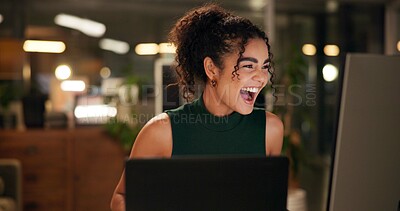 Buy stock photo Business woman, laptop and celebration with excited, creative agency and ideas for night brainstorming. Girl, brand consultant and multi screen computer with project, success and startup for office