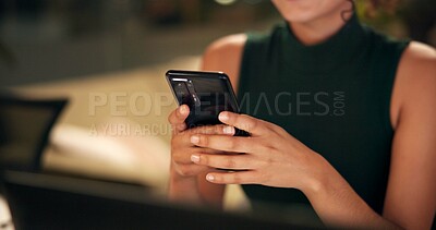 Buy stock photo Hands, phone and research with business woman in office for networking, client feedback and online review. Communication, email and texting with closeup of person in agency for website and contact