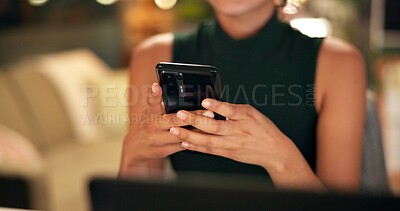 Buy stock photo Hands, phone and night with business woman in office for overtime, client feedback and online review. Communication, email and texting with closeup of person in agency for website and deadline