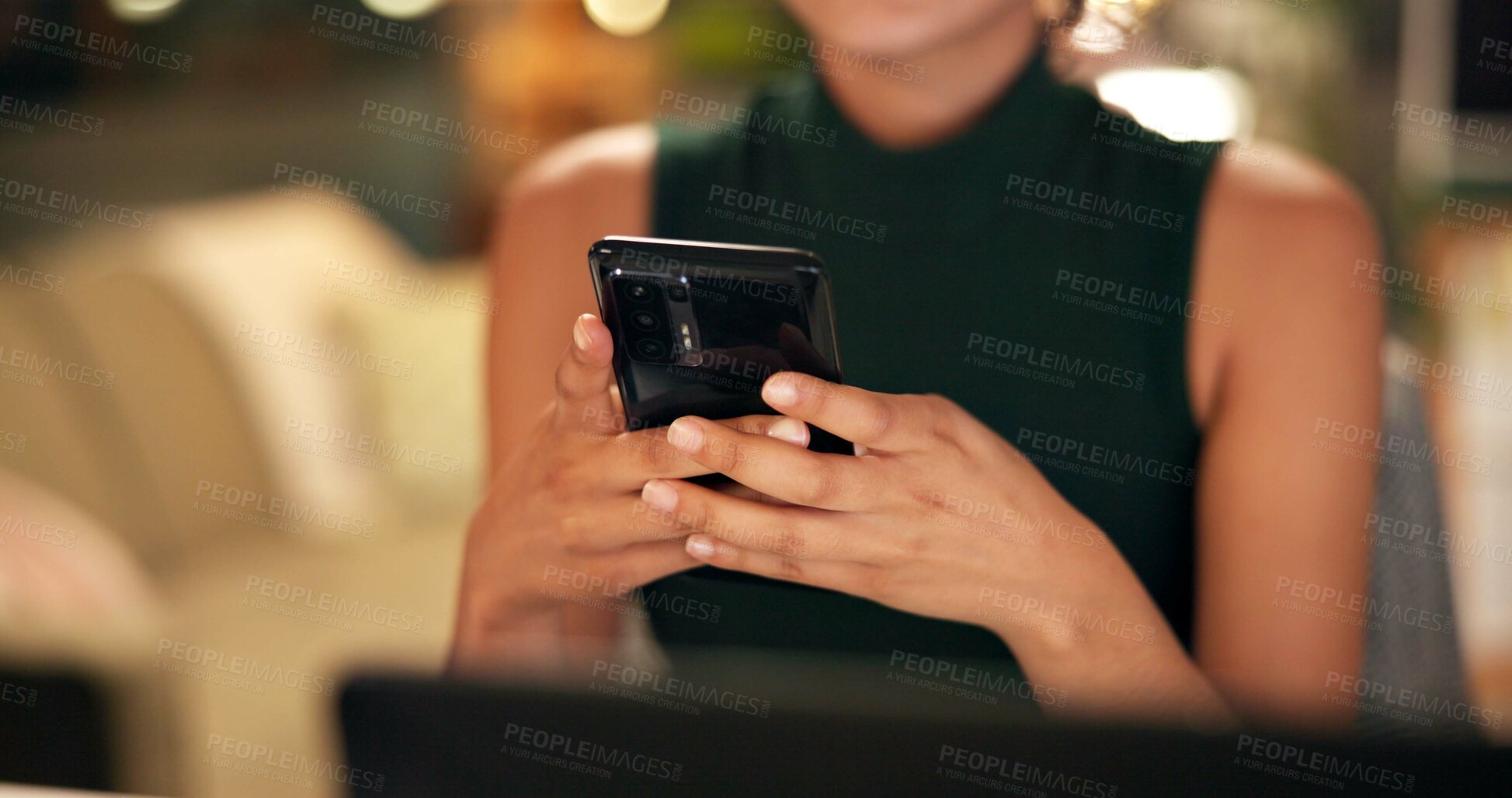 Buy stock photo Hands, phone and night with business woman in office for overtime, client feedback and online review. Communication, email and texting with closeup of person in agency for website and deadline