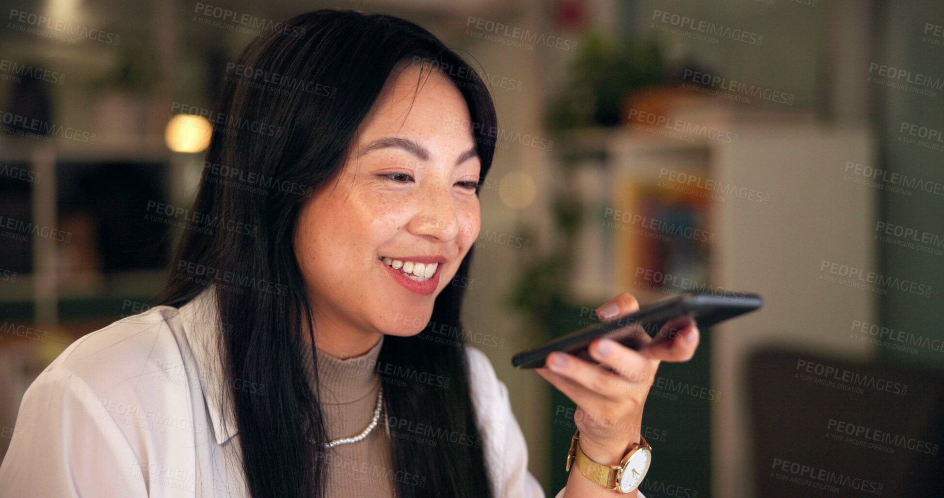 Buy stock photo Asian businesswoman, speaker and phone call in home for remote work with sales, creative agency or ideas. Night, consulting or voice recording of brand consultant speaking of planning startup project