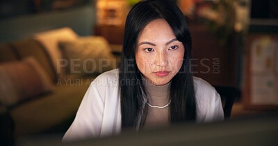 Buy stock photo Research, reading and computer with business asian woman for art director, media campaign and overtime. Client feedback, email and deadline with person in creative agency at night for editor