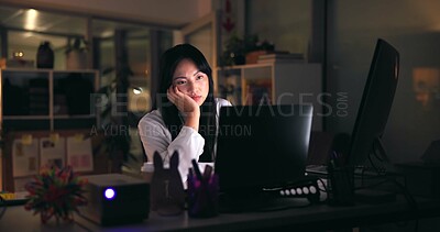 Buy stock photo Tired, asian woman or night with laptop for design, project deadline or fatigue at office. Female person, employee or designer working late with computer for overworked strain or burnout at workplace
