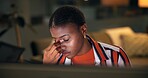 Black woman, headache and night with stress for pressure, strain or overworked at office desk. African, female person or designer working late with migraine for vertigo, anxiety or project deadline
