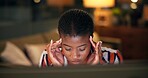 Black woman, stress and night with headache for deadline, pressure or strain at office. African, female person or employee with migraine or vertigo for overworked, fatigue or dizziness at workplace