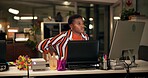 Black woman, back pain and night with computer for bad posture, overworked or pressure at office desk. African, female person or employee working late with sore spine, ache or discomfort at workplace
