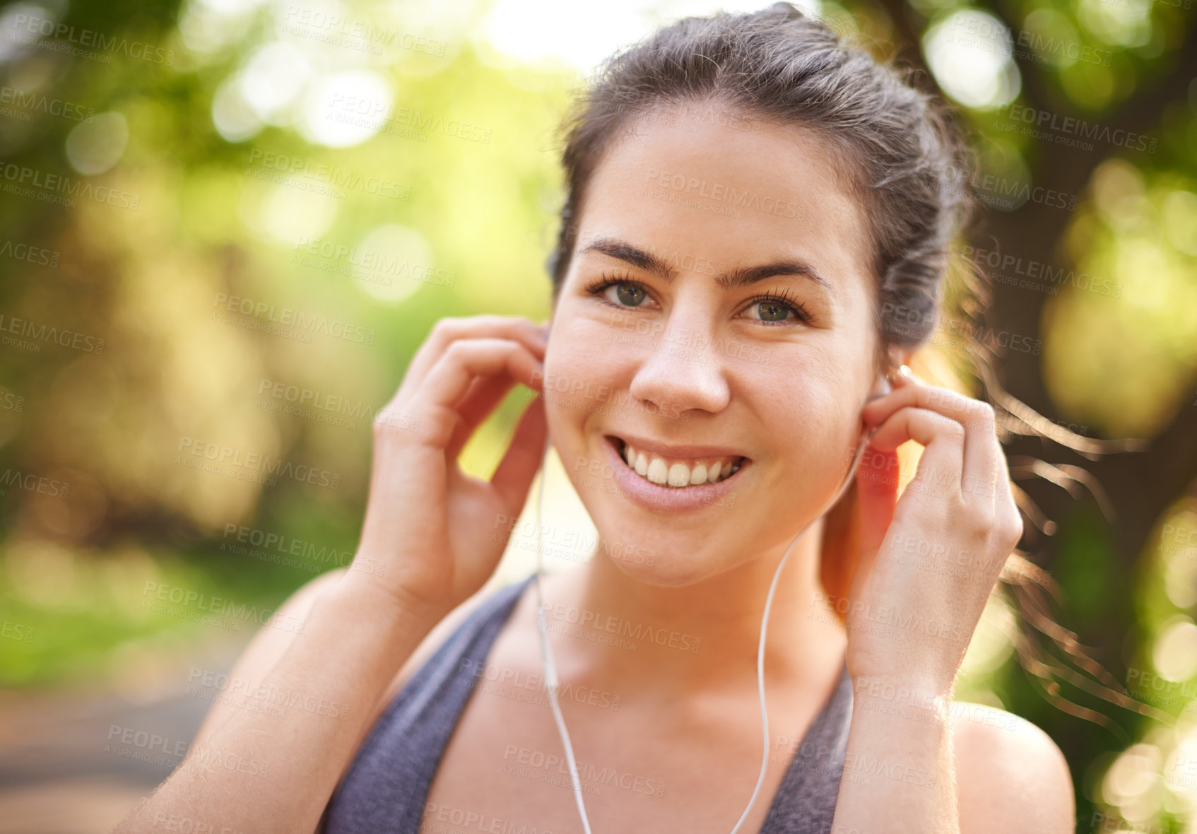 Buy stock photo Woman, earphones and outdoor for fitness in park, sports music and runner in countryside. Cardio, athlete and female person for exercise in portrait, workout podcast and nature for marathon training