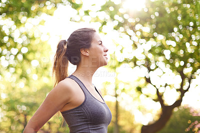 Buy stock photo Profile, fitness and woman in park, wellness and training for marathon, challenge and routine. Person, runner and healthy athlete with sportswear, nature and exercise with practice and endurance