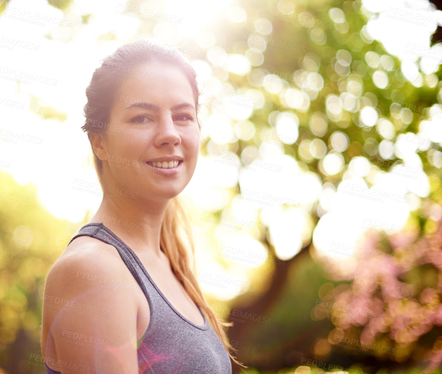 Buy stock photo Running, portrait and fitness with woman in road for marathon practice, workout and cardio. Wellness, exercise and sports training with person in nature for race, energy and athlete progress