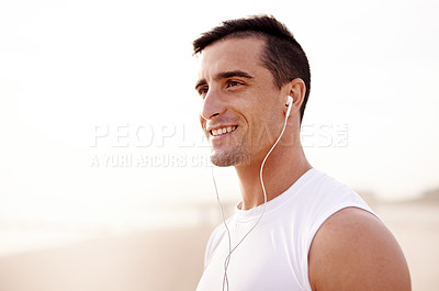 Buy stock photo Earphones, sports and man outdoor listening to music, podcast or radio for run. Mockup space, fitness and male athlete with audio tech for cardio workout, exercise or training playlist for challenge.