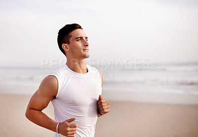 Buy stock photo Fitness, man and running at beach for health, body wellness and sports workout to practice for marathon race. Ocean, athlete and runner jog for cardio training, lose weight and energy for endurance