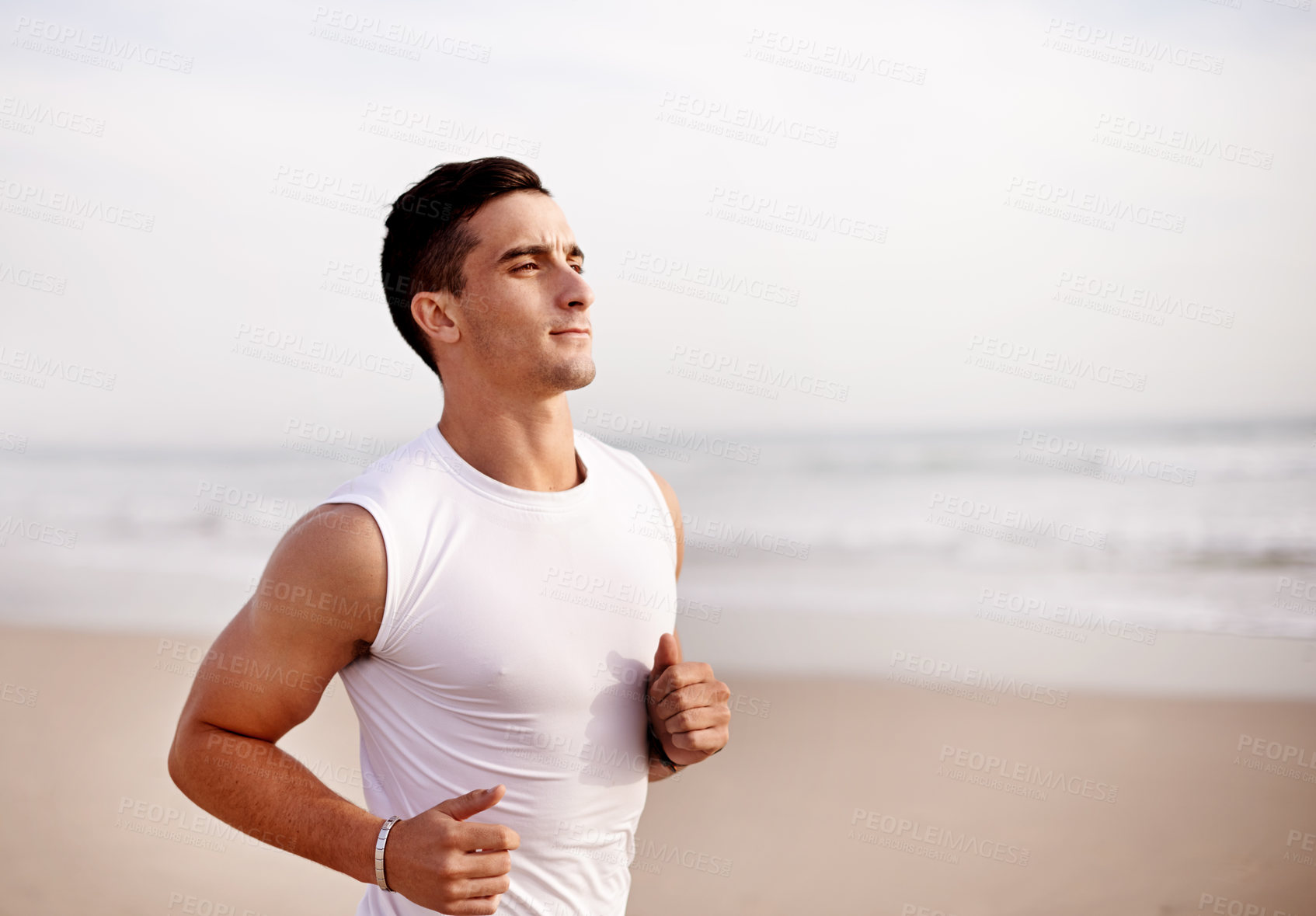 Buy stock photo Fitness, man and running at beach for health, body wellness and sports workout to practice for marathon race. Ocean, athlete and runner jog for cardio training, lose weight and energy for endurance