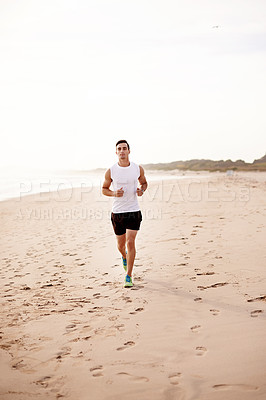 Buy stock photo Fitness, man and running at beach for body wellness, health and sports workout to practice for marathon race. Ocean, athlete and runner jog for cardio training, exercise or energy with mockup space