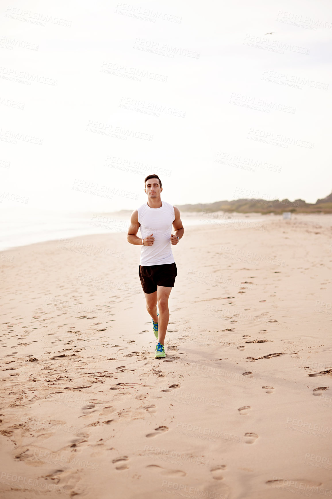 Buy stock photo Fitness, man and running at beach for body wellness, health and sports workout to practice for marathon race. Ocean, athlete and runner jog for cardio training, exercise or energy with mockup space