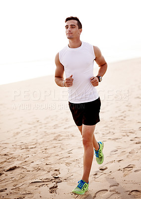 Buy stock photo Fitness, running and man with athlete on beach for workout, marathon training or endurance challenge. Sports, exercise and male person on coast for morning cardio, performance or race in Sydney