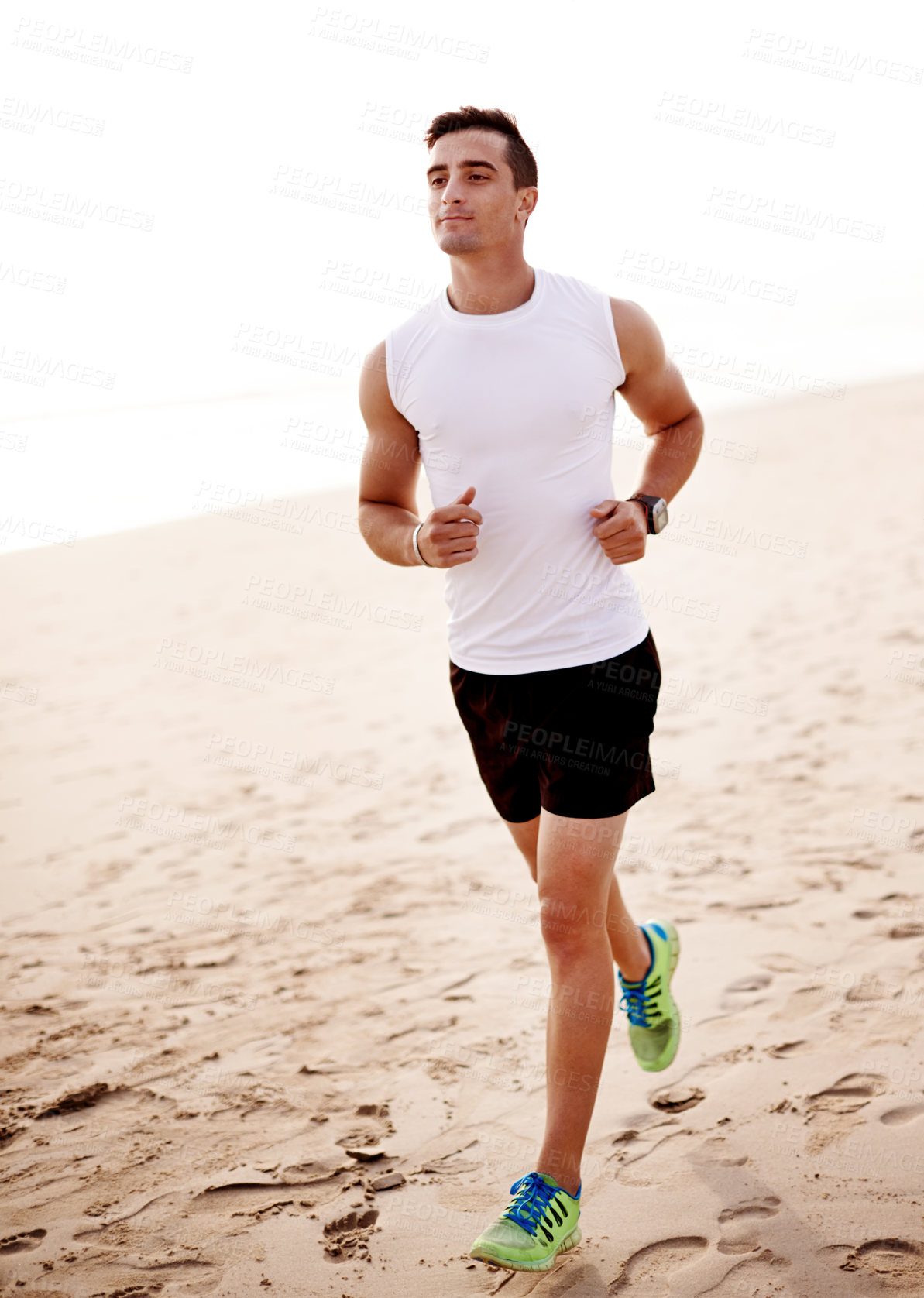 Buy stock photo Fitness, running and man with athlete on beach for workout, marathon training or endurance challenge. Sports, exercise and male person on coast for morning cardio, performance or race in Sydney