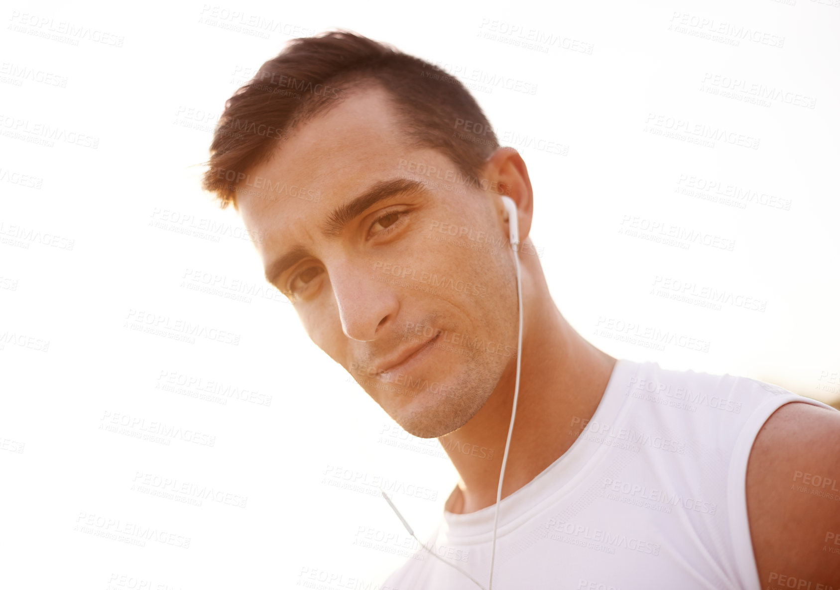 Buy stock photo Earphones, fitness and portrait of man outdoor listening to music, podcast or radio for run. Mockup space, sports and male athlete with audio tech for cardio workout, exercise or training playlist.