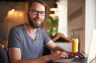 Buy stock photo Laptop, portrait and happy man in coffee shop, digital nomad and remote work for social media marketing. Computer, freelancer and customer in cafe for blog or sponsorship email and online in France