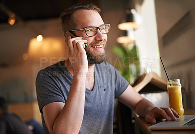 Buy stock photo Freelancer, phone call and smile with man coffee shop  for online review, customer feedback and report. Small business, remote worker and cafe reputation with person in restaurant for lunch break