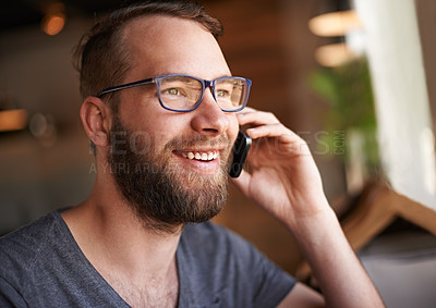 Buy stock photo Phone call, thinking and smile with man in coffee shop for customer feedback, vendor inquiry and reservation. Restaurant order, entrepreneur and small business owner with person in cafe for vision