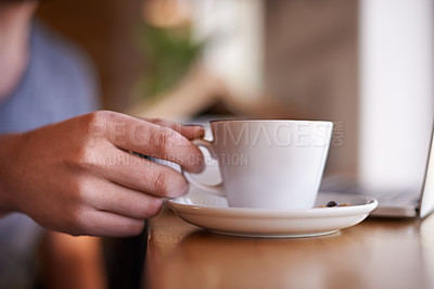 Buy stock photo Coffee, hand of person and hospitality in restaurant with laptop, service and relax for remote work. Mug, customer and tea at cafe table for drink, caffeine and cappuccino with tech for networking