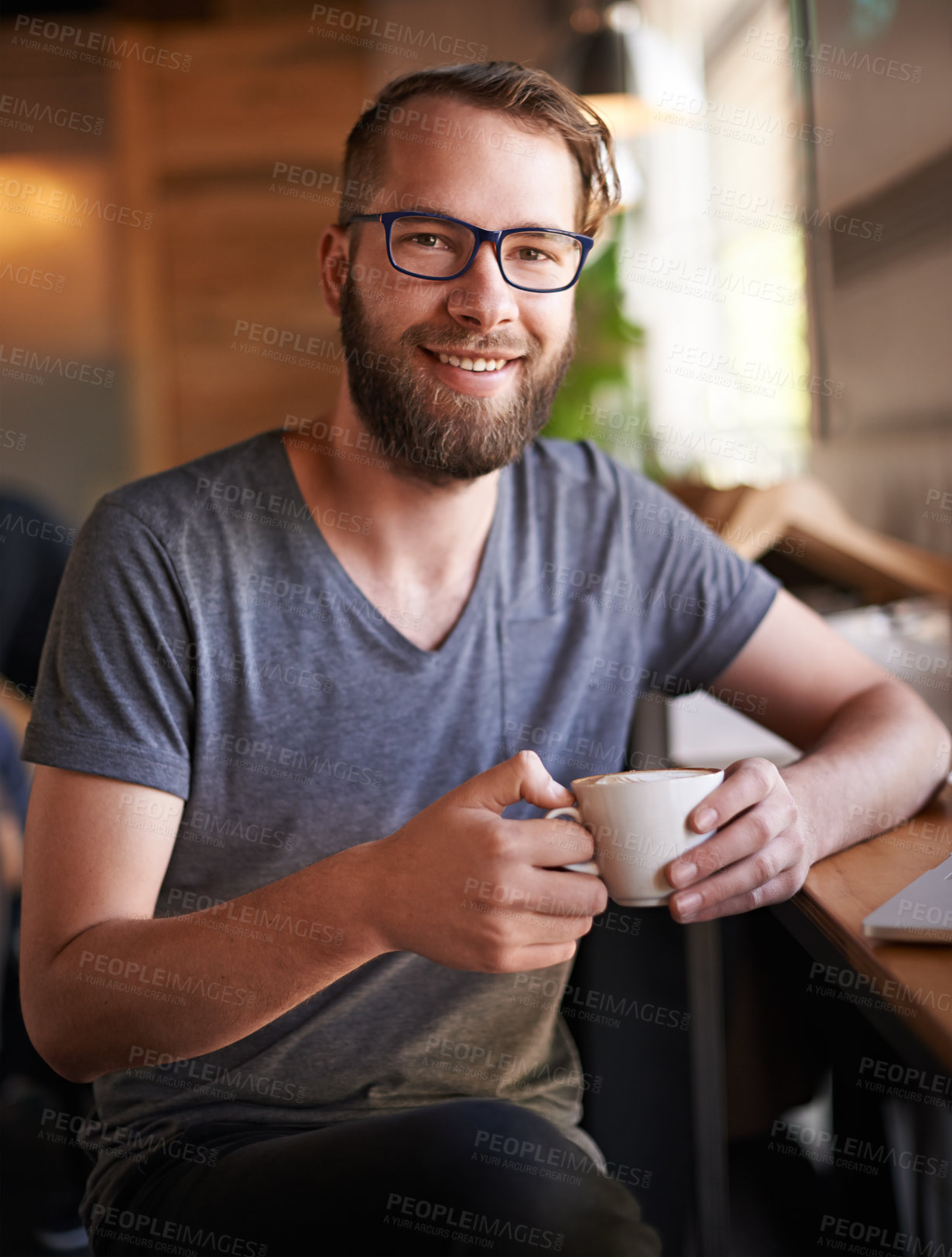 Buy stock photo Coffee, happy and portrait of man in restaurant for digital nomad career with travel for creativity. Glasses, cappuccino and copywriter with caffeine drink in cafe in morning for inspiration project.