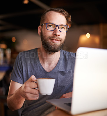 Buy stock photo Laptop, thinking and man in coffee shop for remote work, idea or inspiration for social media marketing. Computer, freelancer and customer in cafe with drink, planning or insight for online platform