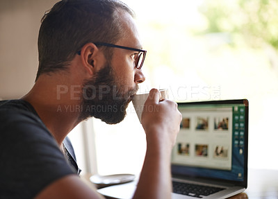 Buy stock photo Freelancer, drink and laptop with man coffee shop  for online review, customer feedback and report. Small business, remote worker and cafe reputation with person in restaurant for lunch break
