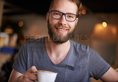Buy stock photo Coffee, smile and portrait of man in restaurant for digital nomad career with travel for creativity. Glasses, cappuccino and copywriter with caffeine drink in cafe in morning for inspiration project.