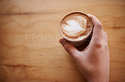 Buy stock photo Latte art, hand and mockup with customer in coffee shop for morning, espresso and caffeine fix. Mocha, beverage and hospitality with person in cafe restaurant for brunch break, space or closeup