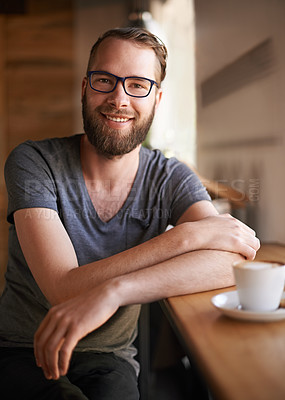 Buy stock photo Portrait, man and smile with coffee at cafe for morning start, weekend break and hospitality service. Male person, glasses and beverage drink for customer experience, caffeine breakfast and reviewing
