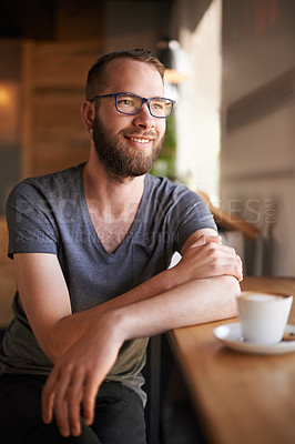 Buy stock photo Thinking, man and smile with coffee at cafe for morning start, past reflection and nostalgia. Male person, contemplation and beverage drink with customer experience, memory and hospitality services