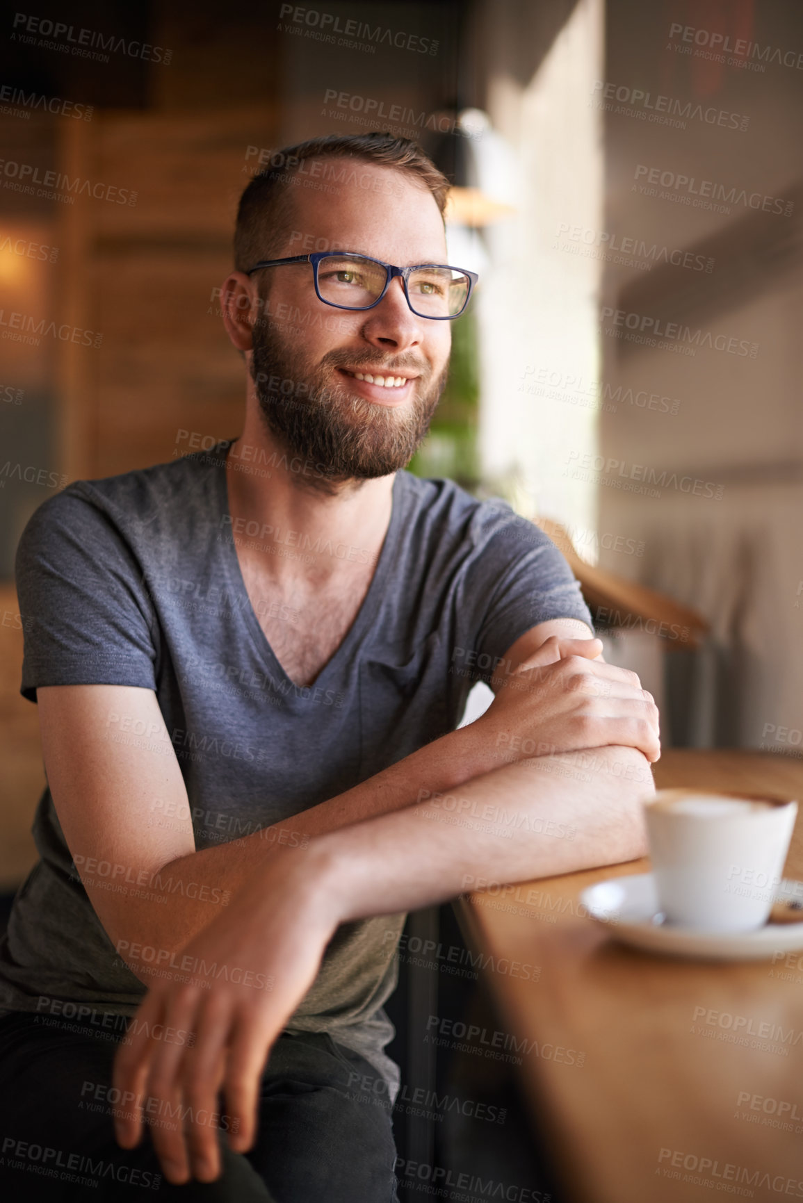 Buy stock photo Thinking, man and smile with coffee at cafe for morning start, past reflection and nostalgia. Male person, contemplation and beverage drink with customer experience, memory and hospitality services