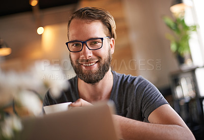 Buy stock photo Man, laptop and portrait in cafe networking on social media, mobile app or internet website research. Coffee shop, tech and freelance editor reading email for remote work, communication or feedback