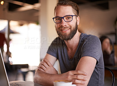 Buy stock photo Smile, portrait and laptop with man coffee shop for online review, customer feedback and report. Small business, remote worker and cafe reputation with freelancer person in restaurant for lunch break