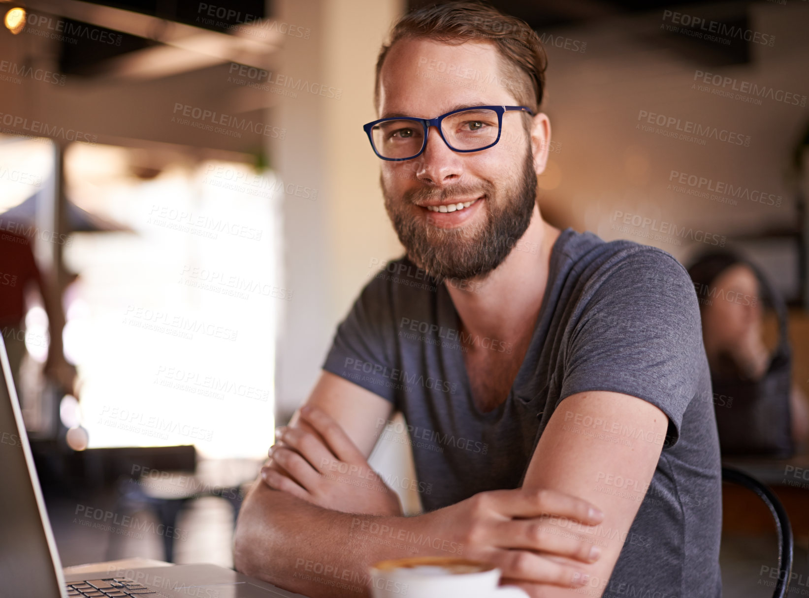 Buy stock photo Smile, portrait and laptop with man coffee shop for online review, customer feedback and report. Small business, remote worker and cafe reputation with freelancer person in restaurant for lunch break