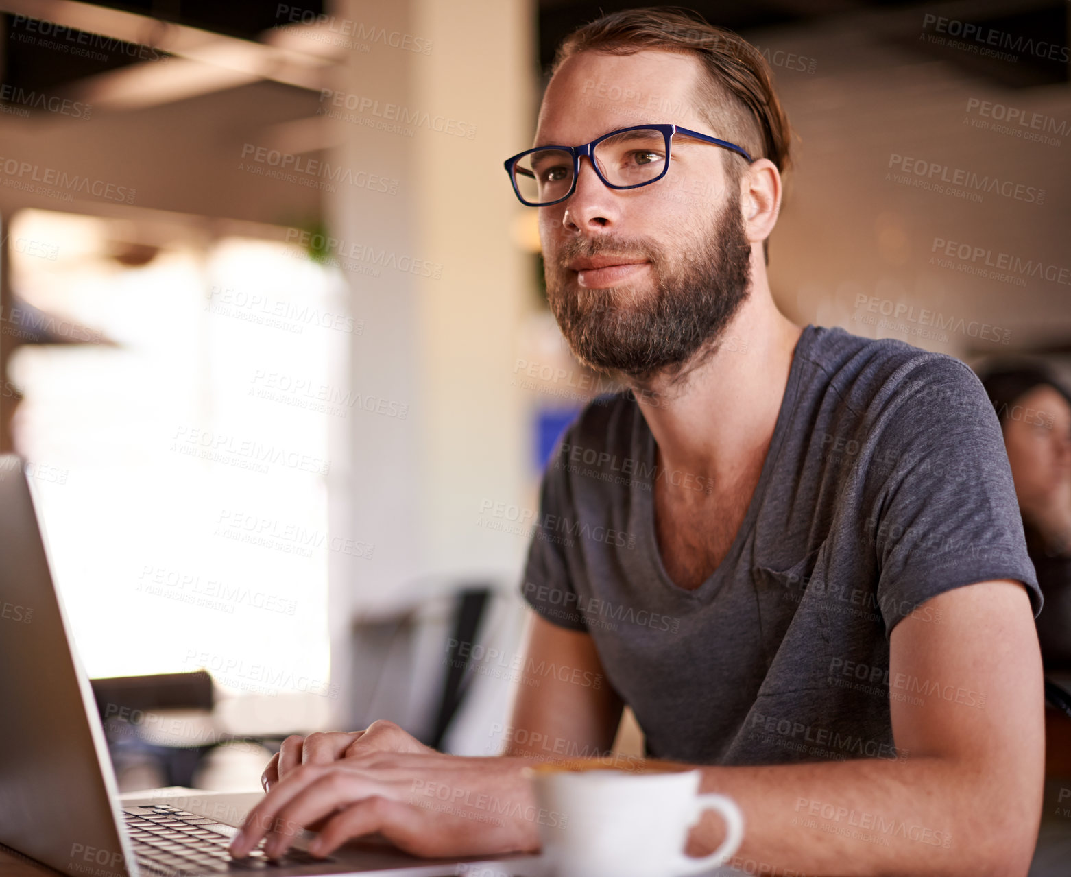 Buy stock photo Man, laptop and idea in cafe on social media, mobile app or internet website research for inspiration. Coffee shop, thinking and freelance editor with email for remote work, communication or feedback