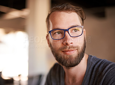 Buy stock photo Thinking, relax and smile with man in coffee shop for reflection, idea and lunch break. Memory, decision and future with male customer in cafeteria for inspiration, restaurant opportunity or solution