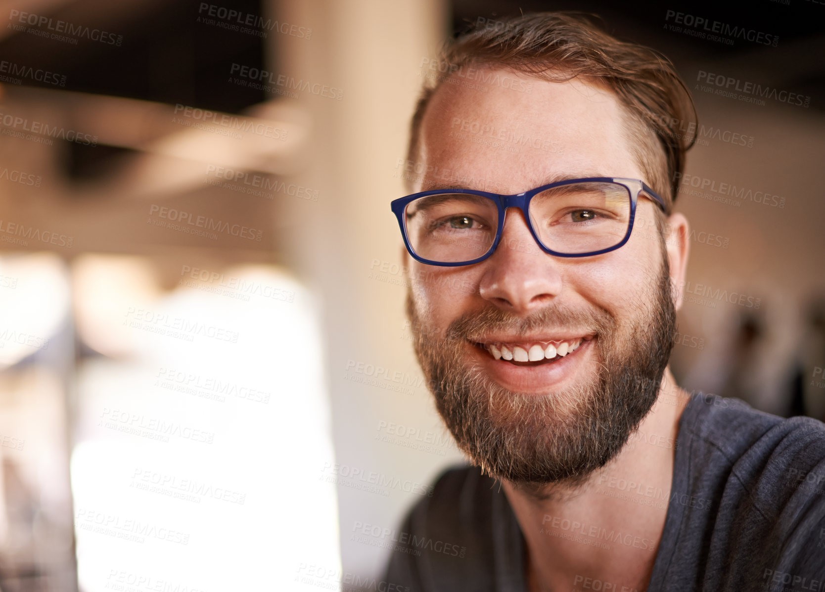 Buy stock photo Glasses, happy and portrait of man in coffee shop for digital nomad career with travel for inspiration. Remote work, vision and face of copywriter in restaurant cafe in morning for creative space