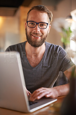 Buy stock photo Laptop, portrait and happy man in cafe for remote work, digital nomad and social media marketing. Face, freelancer and person on computer in coffee shop for blog, sponsorship email and glasses in UK