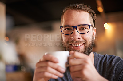Buy stock photo Coffee, happy and portrait of man with glasses in cafe for digital nomad career with travel for creativity. Remote work, cappuccino and copywriter with drink in restaurant on morning for project.