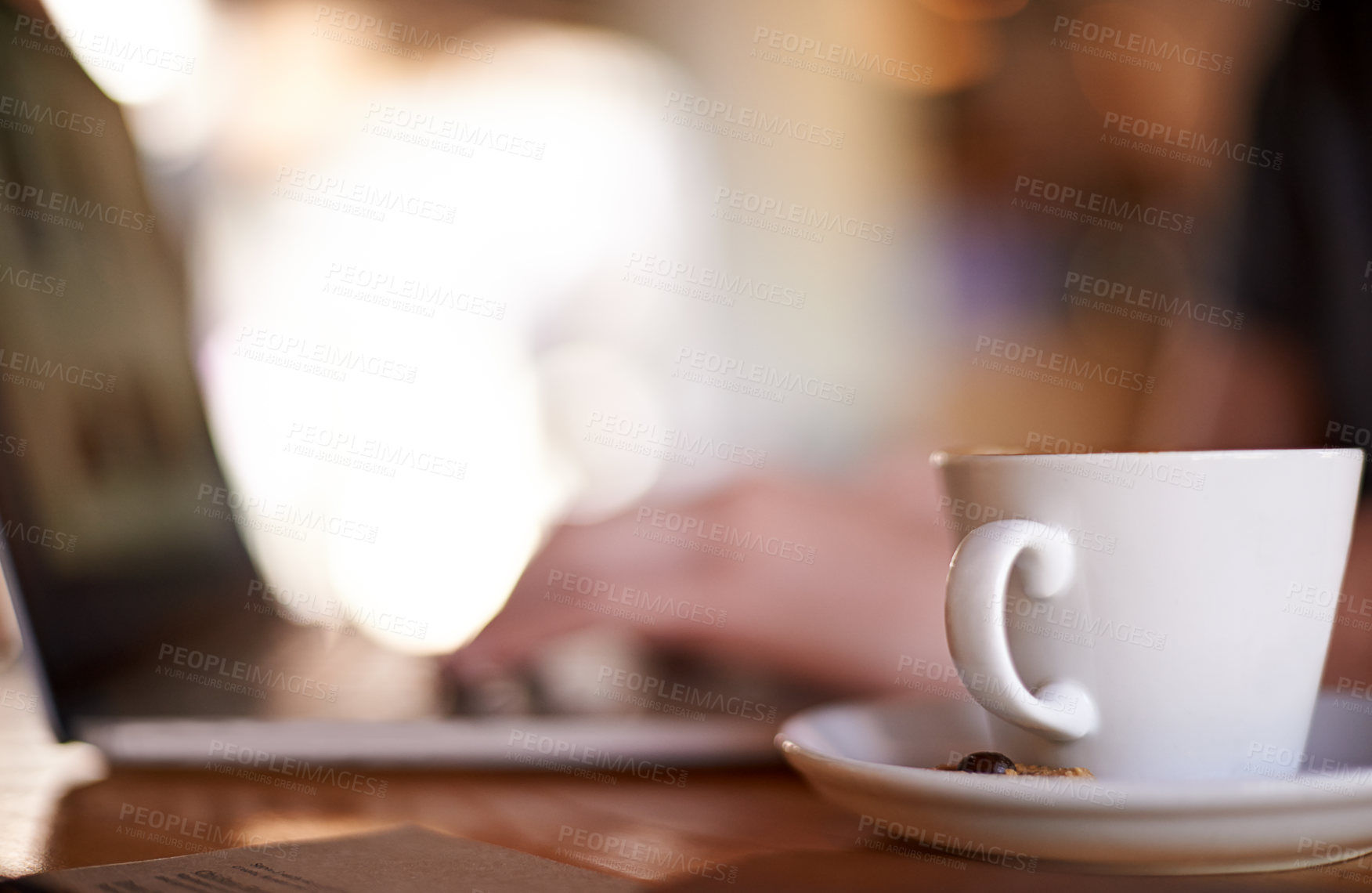 Buy stock photo Freelancer, hands and cup with laptop in coffee shop  for espresso, latte and cappuccino beverage. Small business, remote worker and cafe with closeup of person in restaurant for lunch break