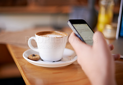 Buy stock photo Hand, phone and man in coffee shop, typing text or writing review with screen closeup. Cafe table, mobile or chat notification, communication or influencer with message on social media profile online