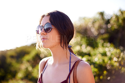Buy stock photo Thinking, woman and sunglasses for hiking on mountains of adventure, travel journey and sightseeing. Female backpacker, view or trekking in nature, fitness and vacation explore of destination outdoor