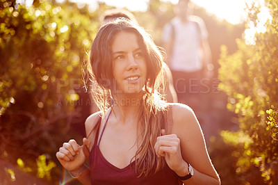 Buy stock photo Adventure, hiking or thinking and woman in mountains with friends for bonding, exploration or journey. Exercise, idea and health with group of people walking outdoor in nature for summer travel